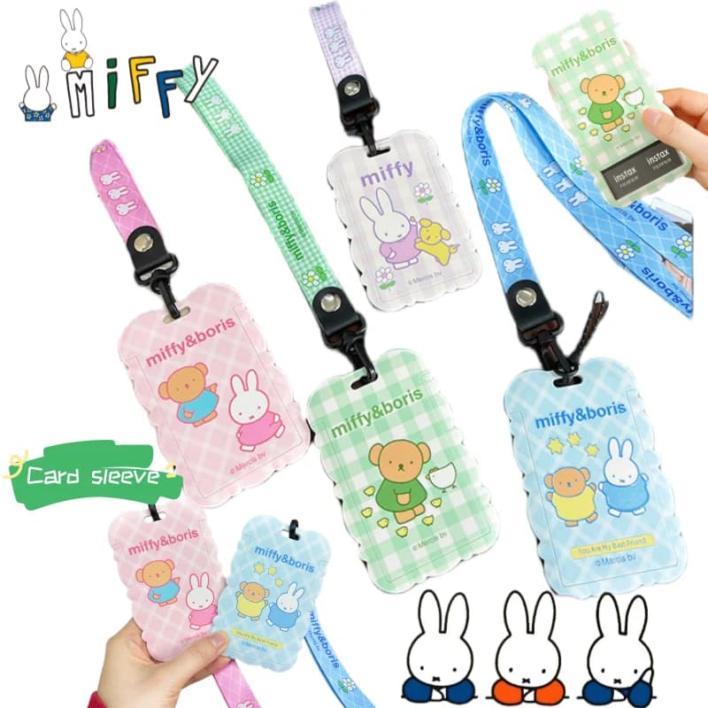 Miffy Anime Peripheral Cartoon Plastic Card Holder Creative Kawaii Girl-Heart Anti-Lost Long Neck Strap ID Card Protective Cover