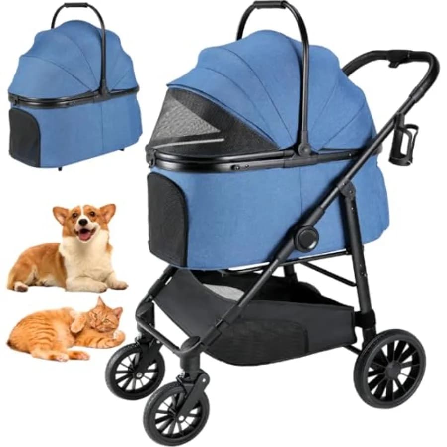 Passeggino per animali domestici per cani e gatti di taglia media fino a 25 kg, ruote in gomma per tutti i terreni, telaio nero, convertibile 3 in 1 con parti rimovibili