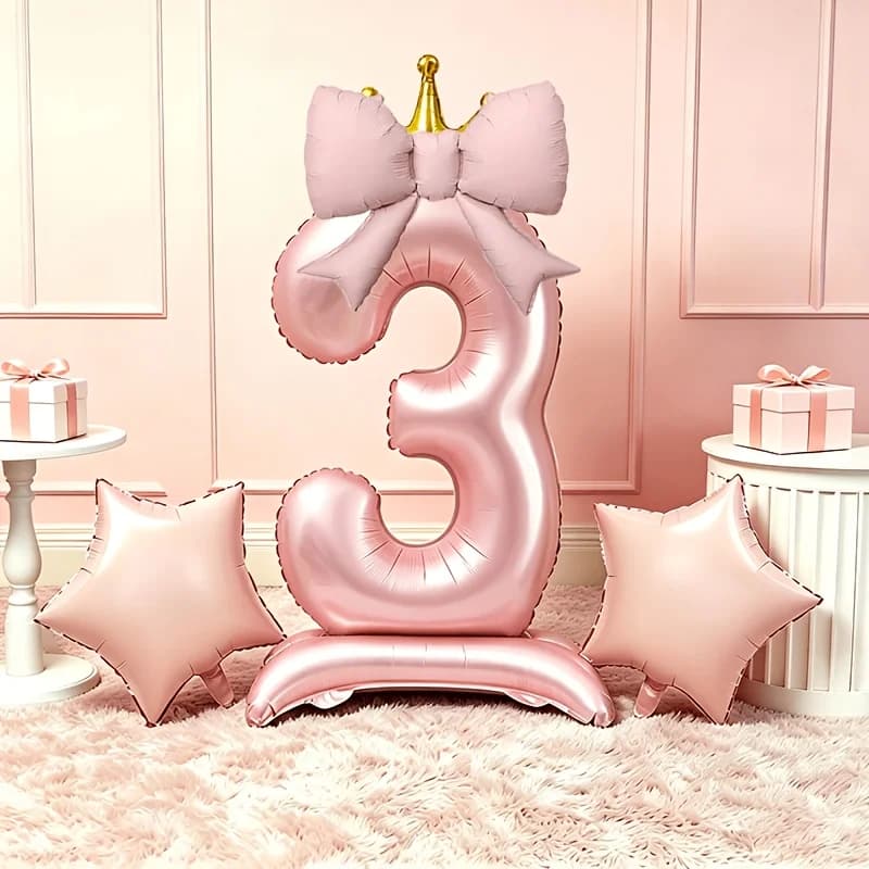 Light Luxury Pink 3D Balloons 0-9, with Base and Crown, Bow and Star Foil Balloon Set, Birthday Photo Shoot Decoration Balloon Kit, Gentle Pink Color Scheme for Anniversary Celebrations, Christmas, Halloween, Thanksgiving Holiday Celebration Supplies