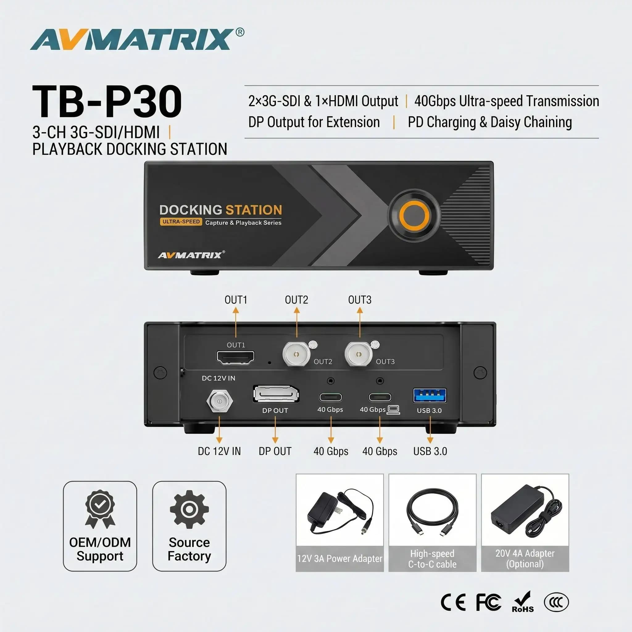AVMATRIX TB-P30 3-CH 3G-SDI HDMI Playback Docking Station 40Gbps Ultra-speed 60W PD for Live Streaming VMix OBS Broadcast