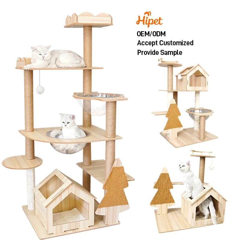 Wholesale Big Luxury Solid Wood Sisal Rope Style Cat House Pet Furniture Cat Trees Modern Wooden Cat Climbing Frame