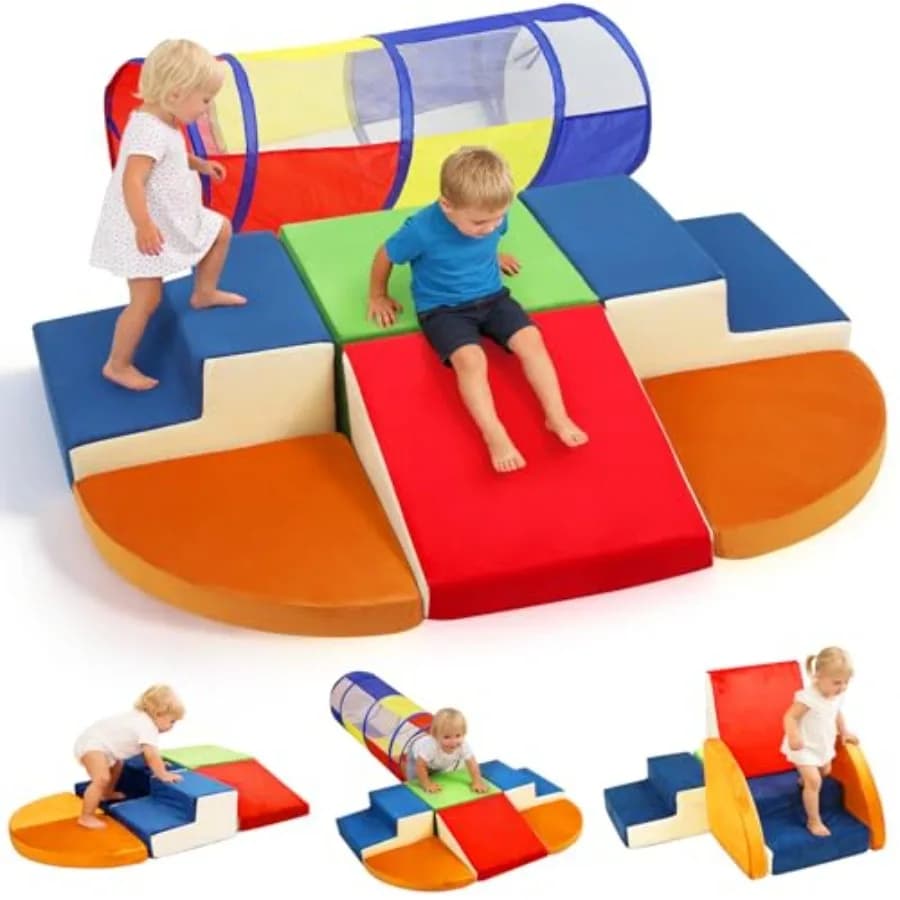 Set di 7 Blocchi di Schiuma per Arrampicata per Bambini con Tunnel, Blocchi Morbidi per Arrampicata per Neonati, Palestra di Gioco per Bambini, Arrampicata Indoor per Bambini