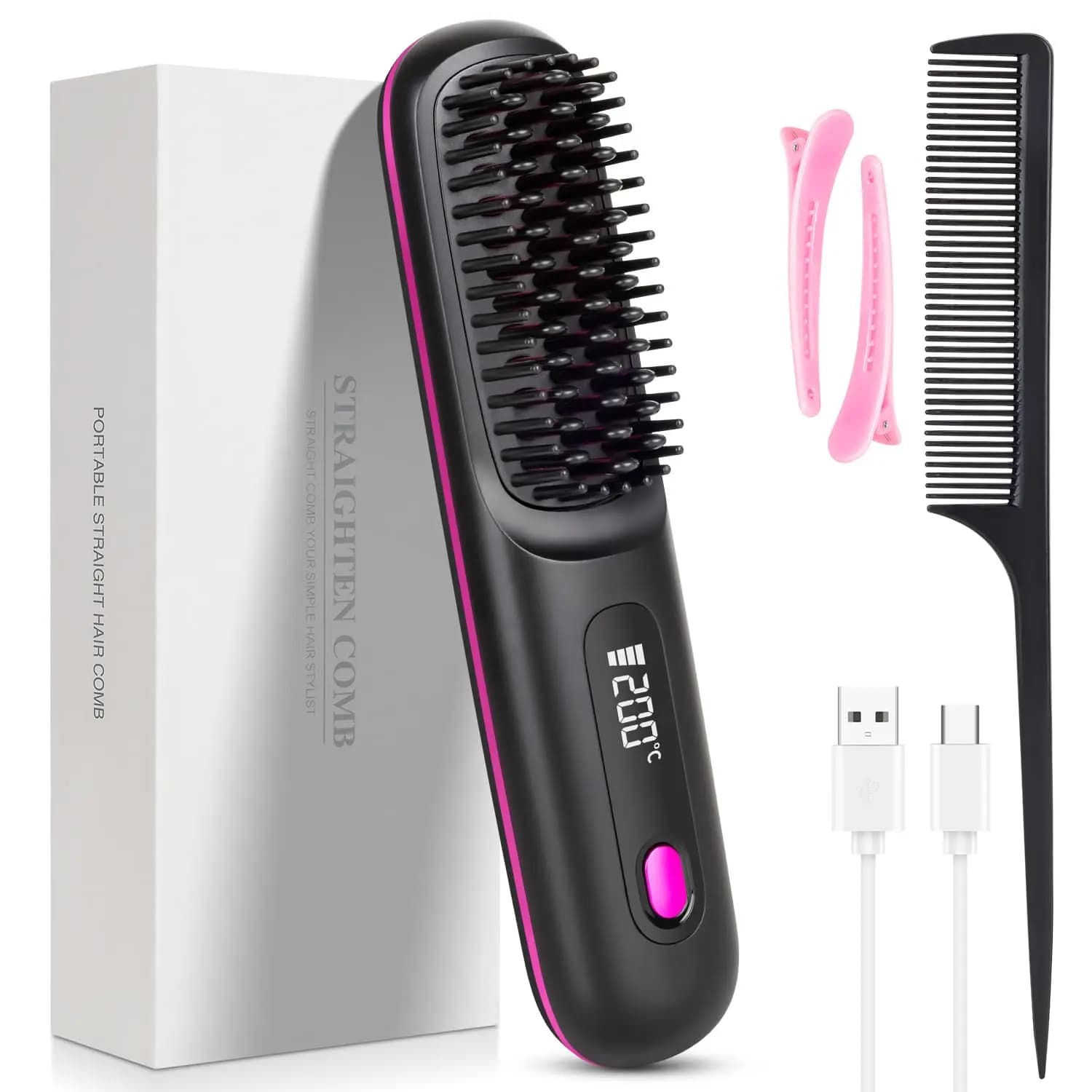 Portable Hair Smooth Brush with USB Charging, Wireless Smooth comb LED Display and Ceramic Coating, Ion Technology