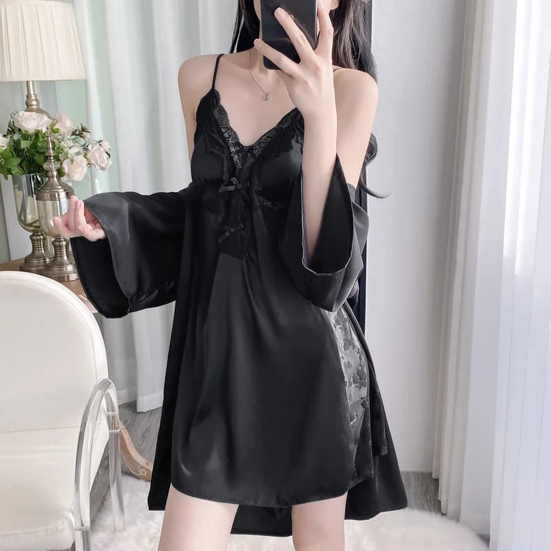 Set 2 Pezzi Vestaglia con Scollo a V per Donna, Camicia da Notte in Pizzo, Kimono in Seta Ghiaccio per Primavera/Estate, Lingerie