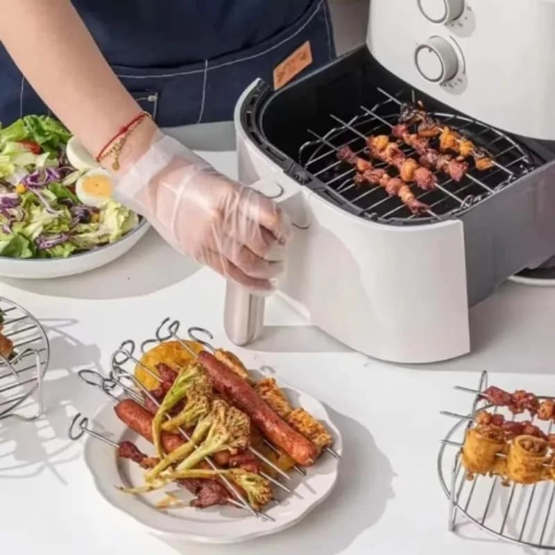Stainless Steel Air Frying Grid with 4 Skewers, Double Layer Multipurpose Tray and Steam Cooking Rack Air Frying Accessories