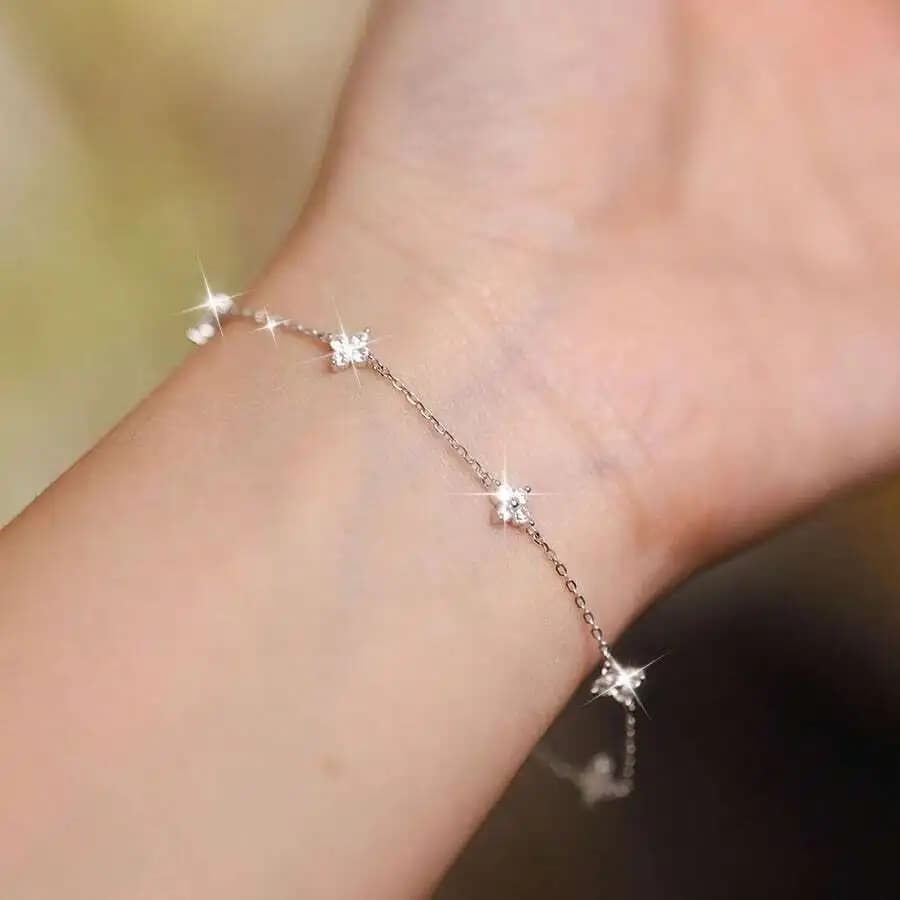 1pc Waterproof Silver-Tone Plated Zirconia Flower Pendant Bracelet Chain, Luxury Women's Jewelry Gift