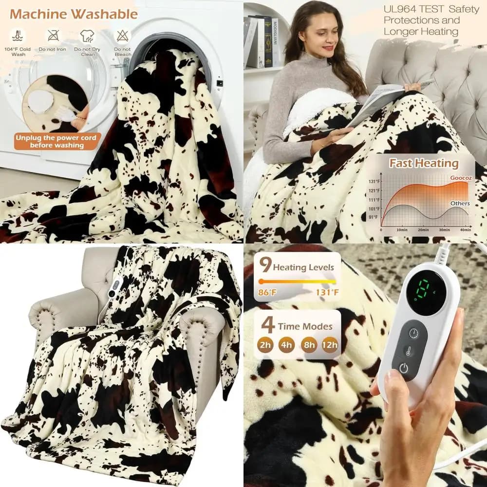 Coperta Elettrica Queen Size in Flanella con Stampa Mucca e Sherpa, 9 Livelli di Calore e Timer di Spegnimento Automatico