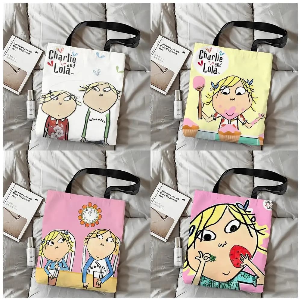 Borse portaoggetti Charlie e Lola in stile anime, borsa a tracolla in tela con stampa fronte-retro, borsa tote riutilizzabile ed ecologica per la spesa