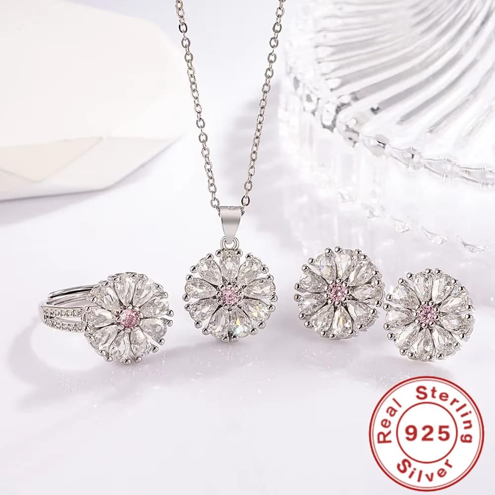 925 Sterling Silver Sunflower Zircon Pendant Bracelet Necklace Women's Sterling Silver Jewelry Set Wedding Gift