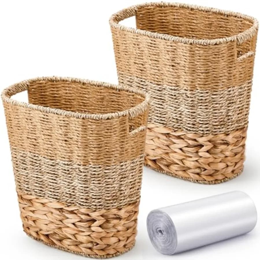 Set di 2 Cestini per Rifiuti in Vimini con 50 Sacchetti Piccoli, Cesto Intrecciato con Manici, Sacchetti Multiuso Trasparenti per Bagno