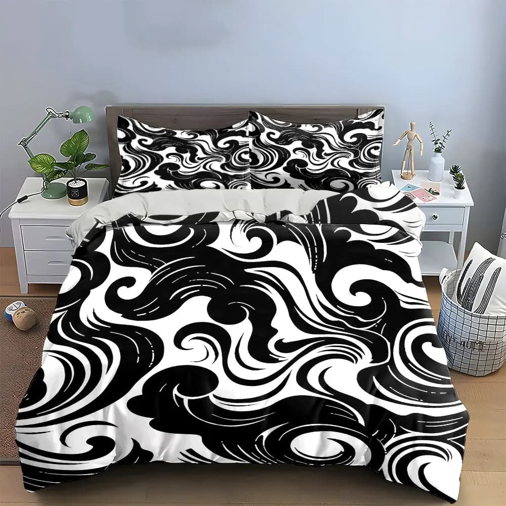 Set di biancheria da letto decorativa con spirale nera astratta, con 1 copripiumino e 2 federe, singolo, matrimoniale, king, queen, regalo