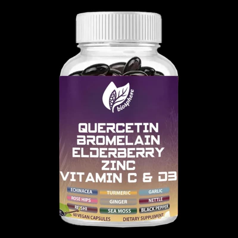 Integratori di supporto Quercetin e Bromelina, Bacche di sambuco, vitamina C, D3, e zinco. Non OGM, Senza Glutine, 60 Capsule