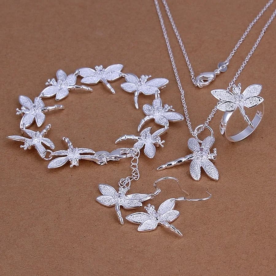 925 sterling silver for Women lady Christma gifts charm intarsiato stone dragonfly collana orecchini pendenti bracciale anello set di gioielli