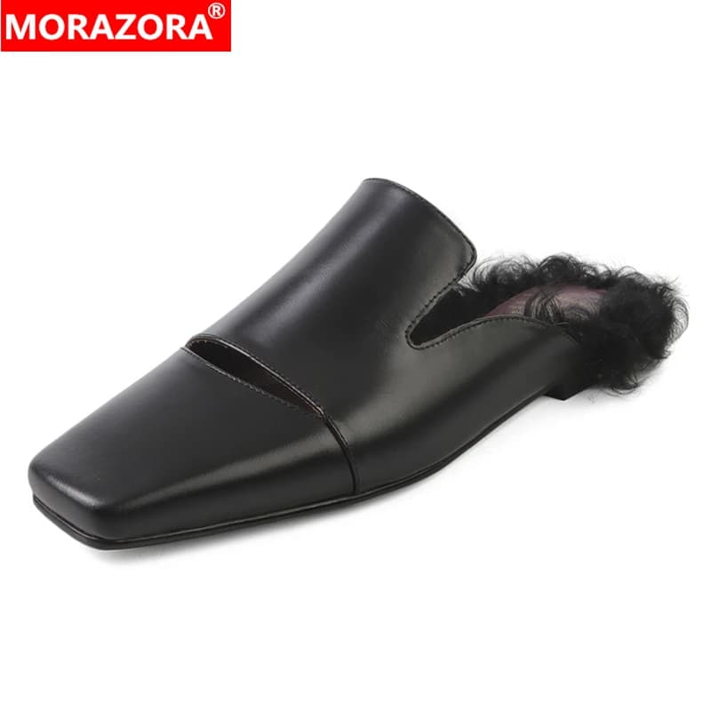 PLUS Size 34-41 New Summer Shoes Genuine Leather Slippers Women Mules Square Toe Slip On Fashion Party Dress Casual Shoes