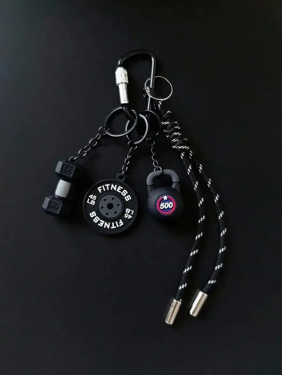 Fitness Themed Keychain With Dumbbell Kettlebell Weight Plate Charms
