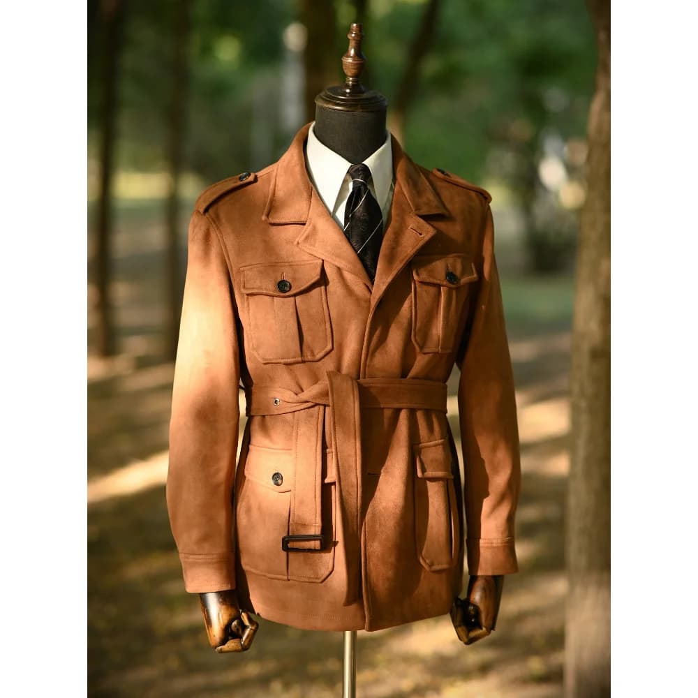 Giacca da safari autunnale e invernale in stile italiano Giacca da caccia vintage per gentiluomini con tasche multiple Imitazione pelle di daino