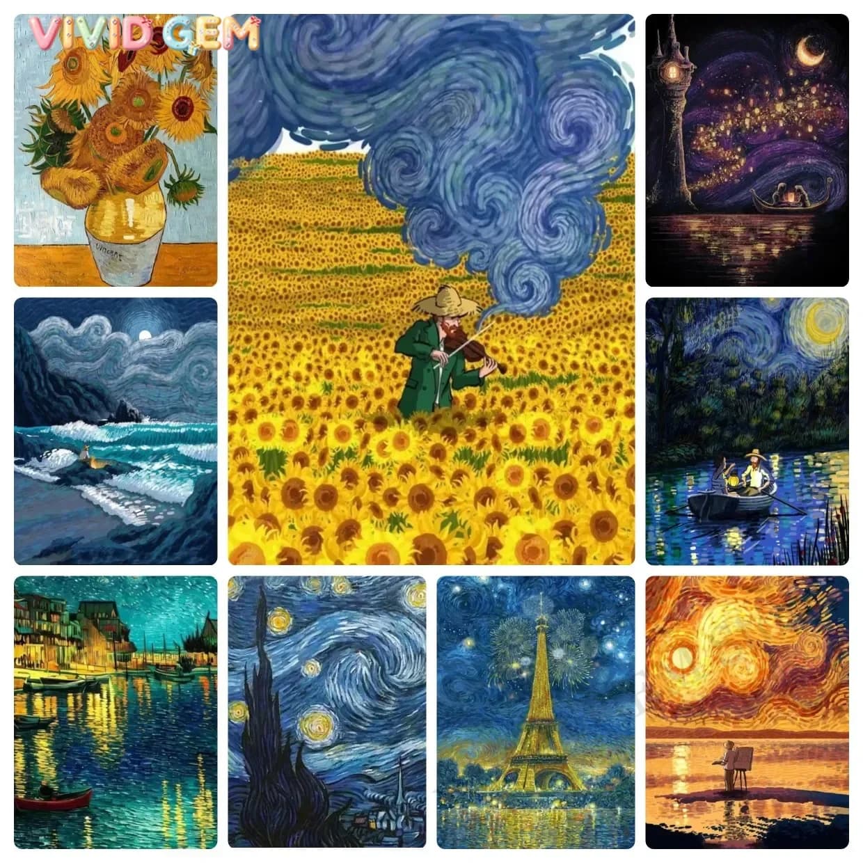 VIVID GEM Vincent Van Gogh Starry Night Sunflower Diamond Painting Full Diamond Mosaic Artwork Creative Handmade Home Office D