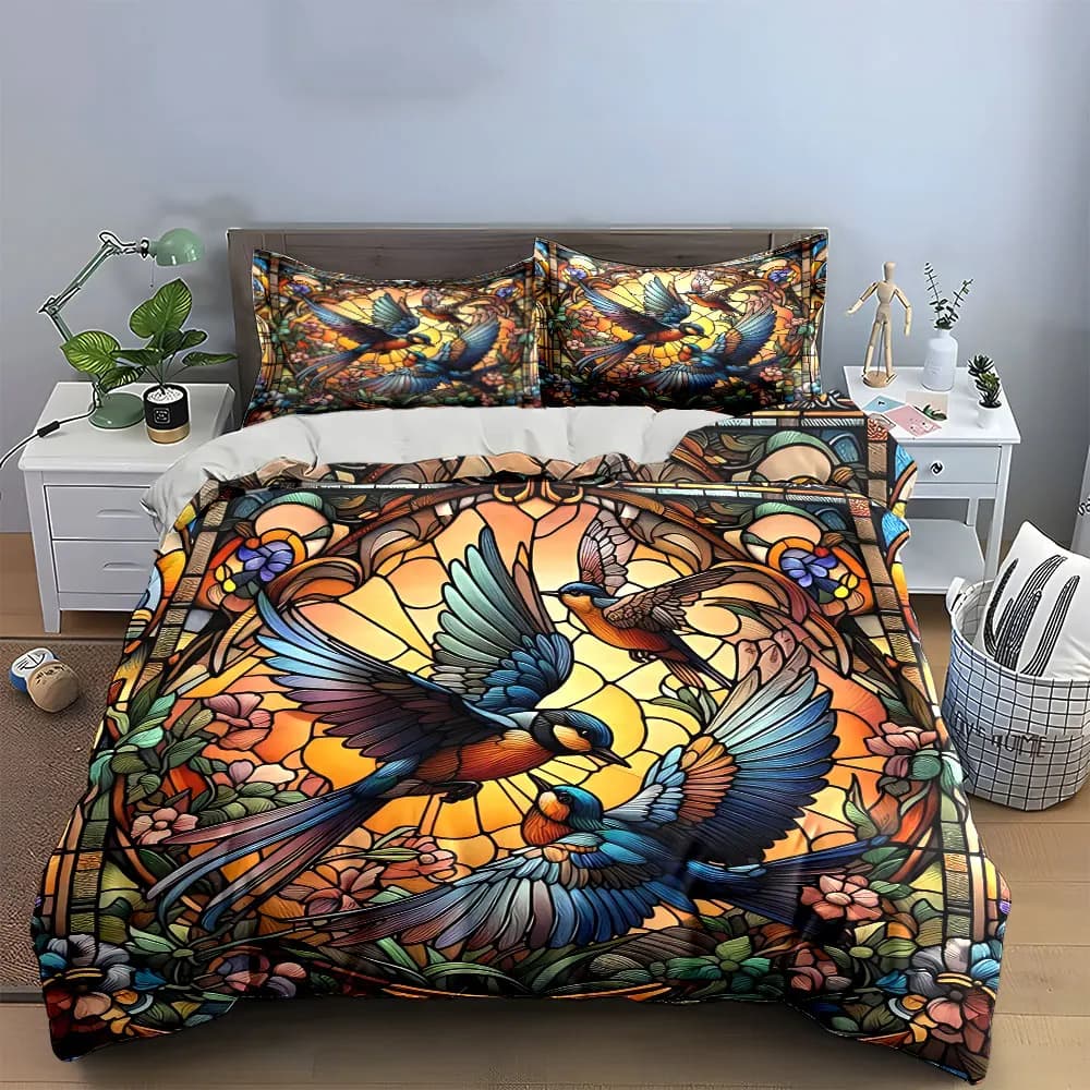Elegante Set di Biancheria da Letto con Motivo di Uccelli, Include 1 Copripiumino e 2 Federe, Disponibile in Misure Singola, Doppia, King e Queen, Idea Regalo