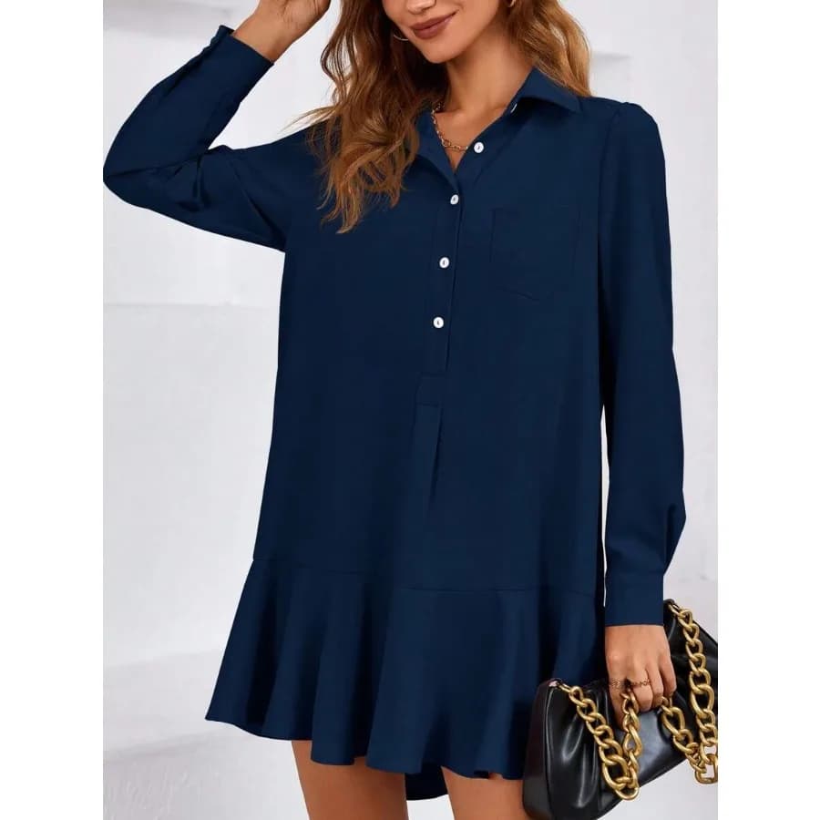 【Nuovo stile】Abito casual da donna con bottoni - Mini abito a maniche lunghe con colletto e pieghe, regalo di Natale e regalo di Capodanno
