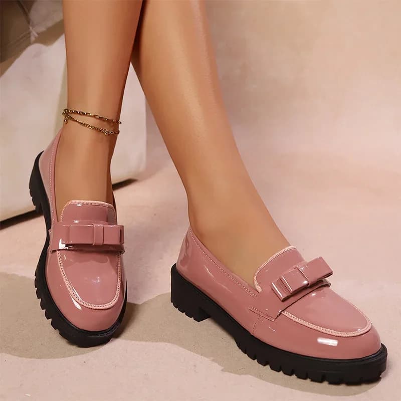 Elegant pink flat moccasins for women Mocassini in patent leather with strong cut bow tie Women's shoes Round shoes with thick women's sole