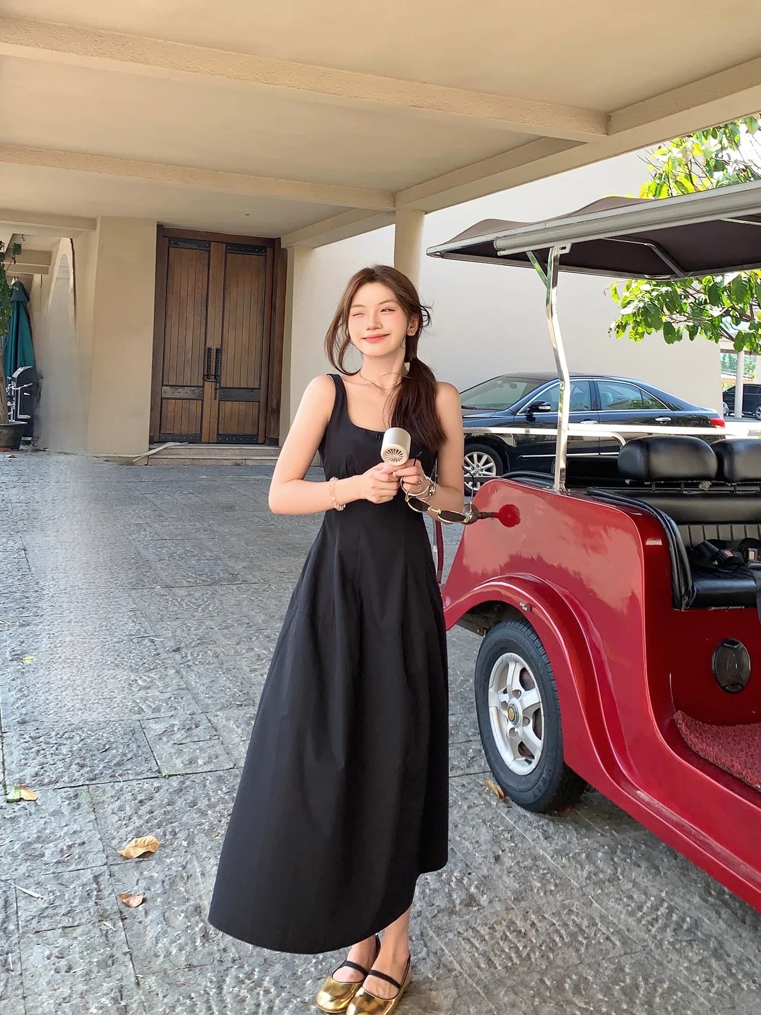 Elegant Long Sleeveless Black Dress Women's Fashion Design Spring Casual High Waist Polyester Fiber A-Line Skirt Style