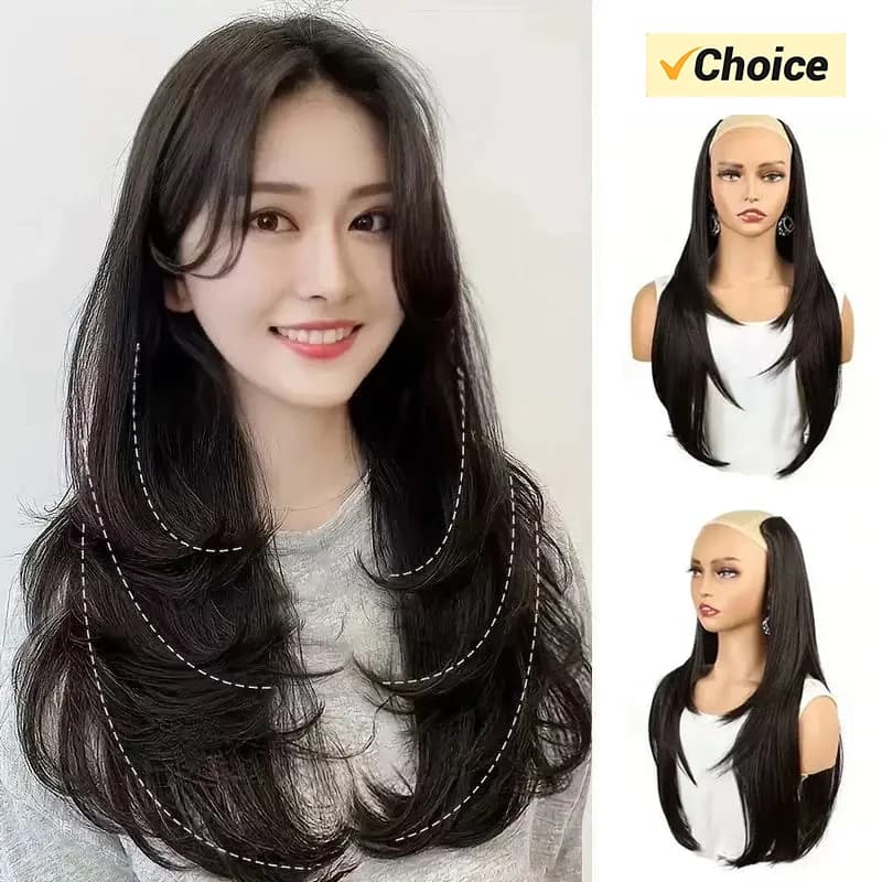 22/24Inch Synthetic V-shaped Layered 4 Clips Long Straight Hair Extension Fashion Invisible Hairpiece Wig for Women