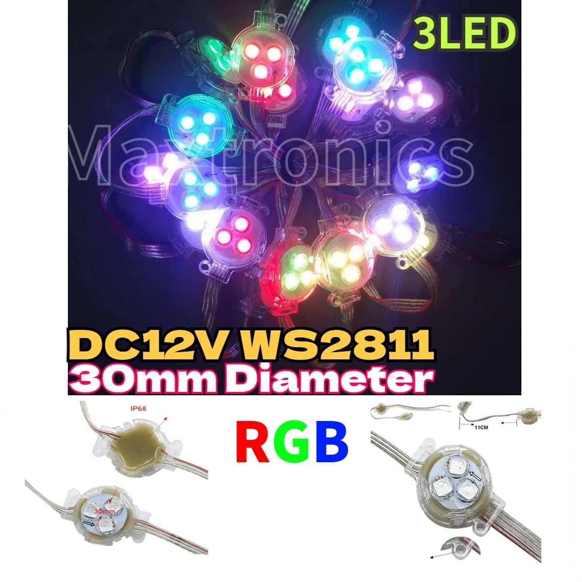 NEW DC12V WS2811 LED Modules 3led 30mm Full color Outdoor IP68 Waterproof for Advertising Sign Decoration LED Pixel Light String