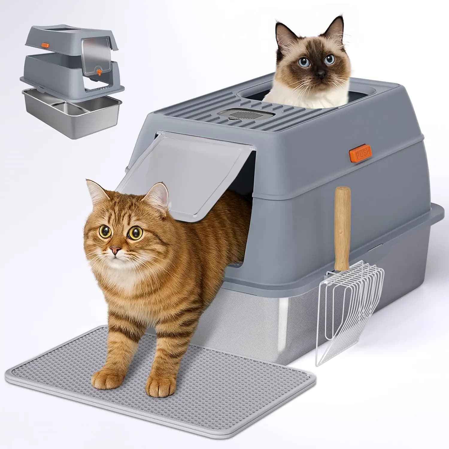 Lettiera per Gatti in Acciaio Inossidabile con Coperchio, Vasca Profonda 15 cm per Gatti Grandi, Anti-Perdita e Anti-Odore, Doppio Ingresso, Include Tappetino e Paletta