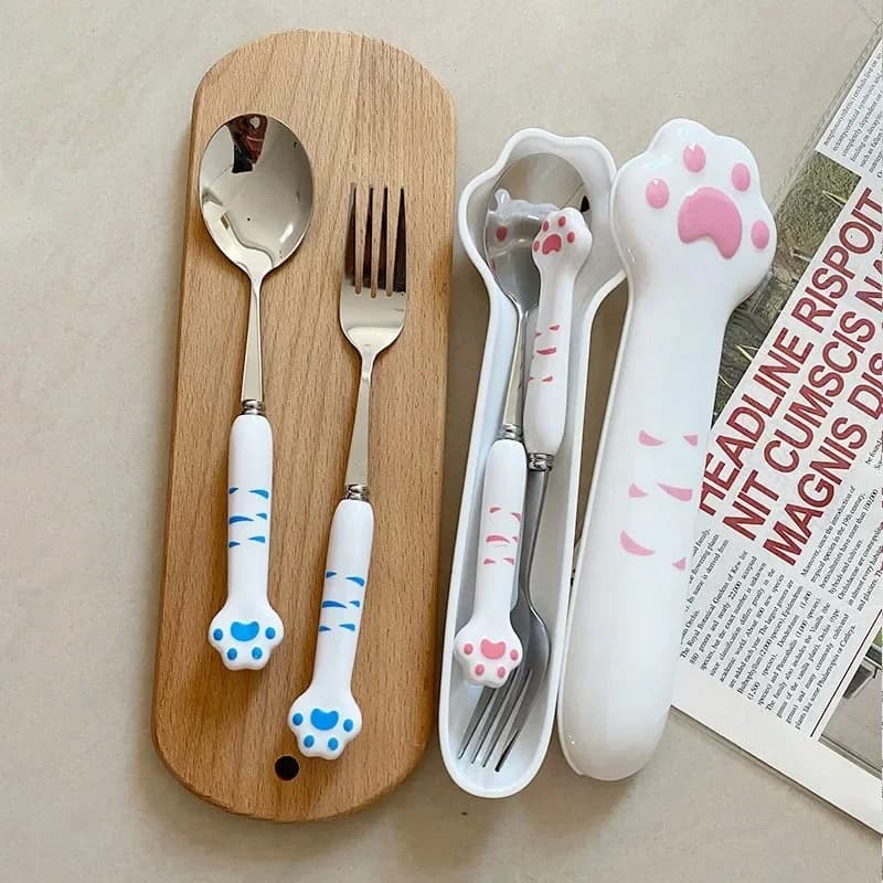 Cute cartoon cat claw spoon and fork Set wands cutlery student children camping outdoor portable kitchen accessories Kawaii