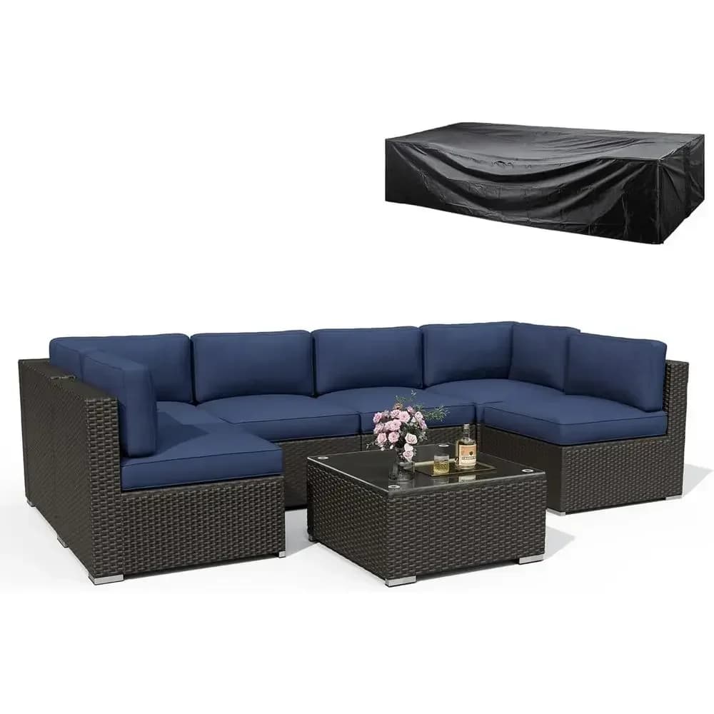 Set di mobili da giardino da 8 pezzi con copertura impermeabile, divano componibile in vimini nero e marrone, divano da esterno con cuscini