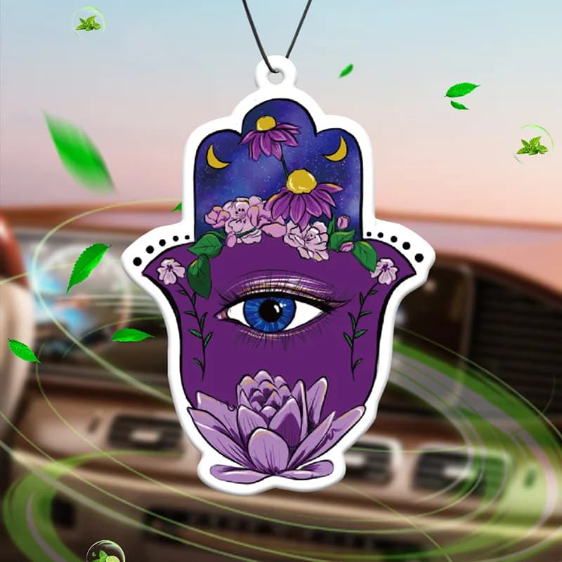 Car Deodorant Abstract Hamsa Eye Hilton (profume for hotel). | Rearview mirror pendant and clip for double purpose air vent | Aromatherapy tablets in natural material | Long lasting fragrance for 90 days | Non-alcoholic | Not afraid of the sun | Designed specifically to deodorate cars, cabinets and bathrooms. | cartoon animation models | Unisex | Luxury fragrance