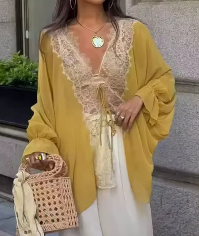 Women Mustard Yellow Sheer Chiffon Kimono Blouse Eyelash Lace Deep V Tie Front Flared Cuff Loose Fit Cardigan Cover Up