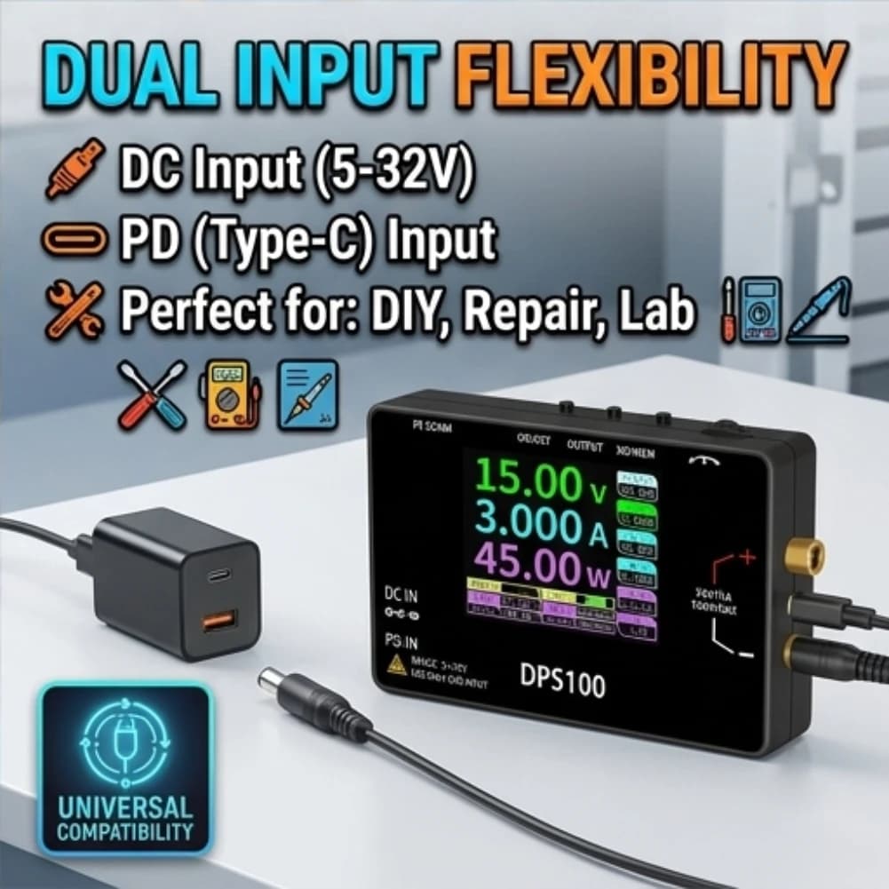 Alimentatore da Laboratorio Portatile DPS100, 30V 5A 100W Max, Mini Alimentatore Switching DC per Laboratorio