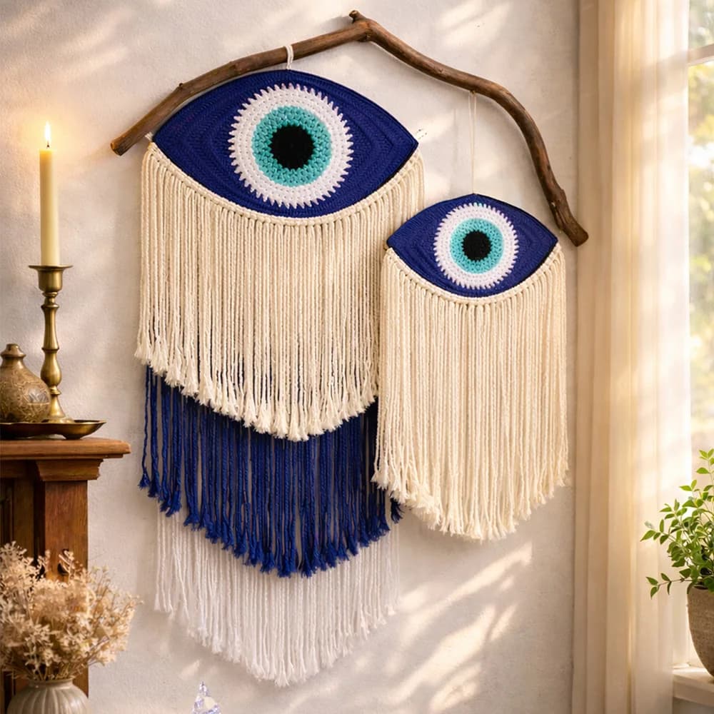 Boho Evil Eye Macrame Wall Hanging Handmade Cotton Tapestry Tassel Decor for Living Room Bedroom Witchcraft Spiritual Home Gift