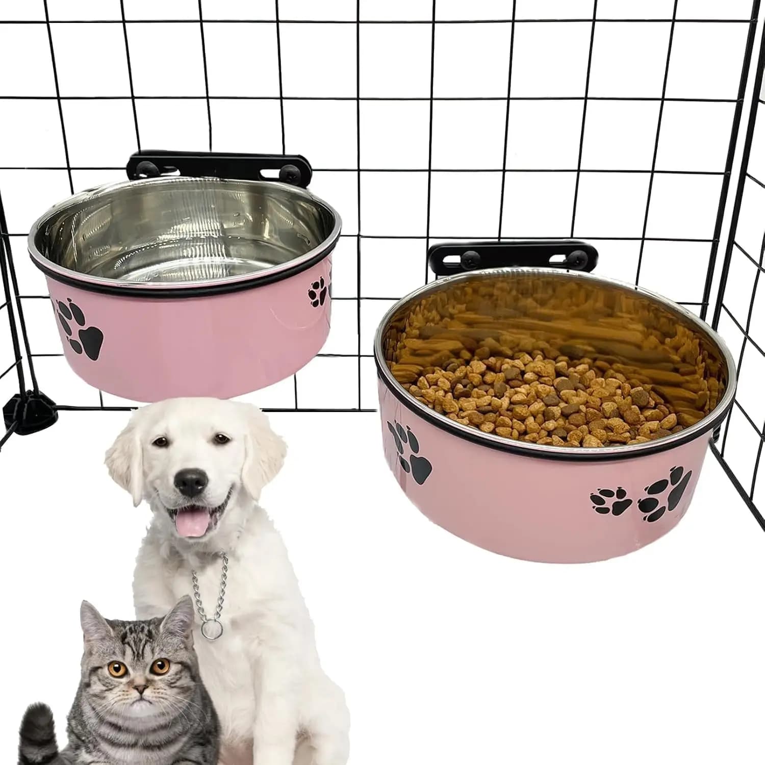 Set di 2 Ciotole Sospese per Animali Domestici, Contenitori Antisgocciolamento per Cibo e Acqua con Supporto per Cani e Gatti