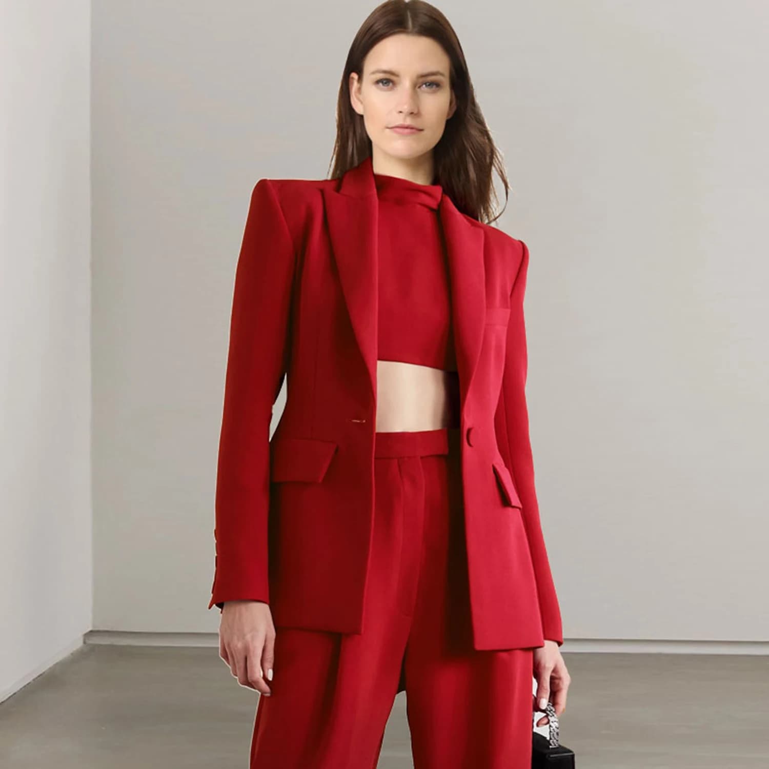 Allingentle Set da 2 pezzi da donna con risvolto rosso, completo da lavoro, giacca a maniche lunghe, completo di tailleur pantalone personalizzato