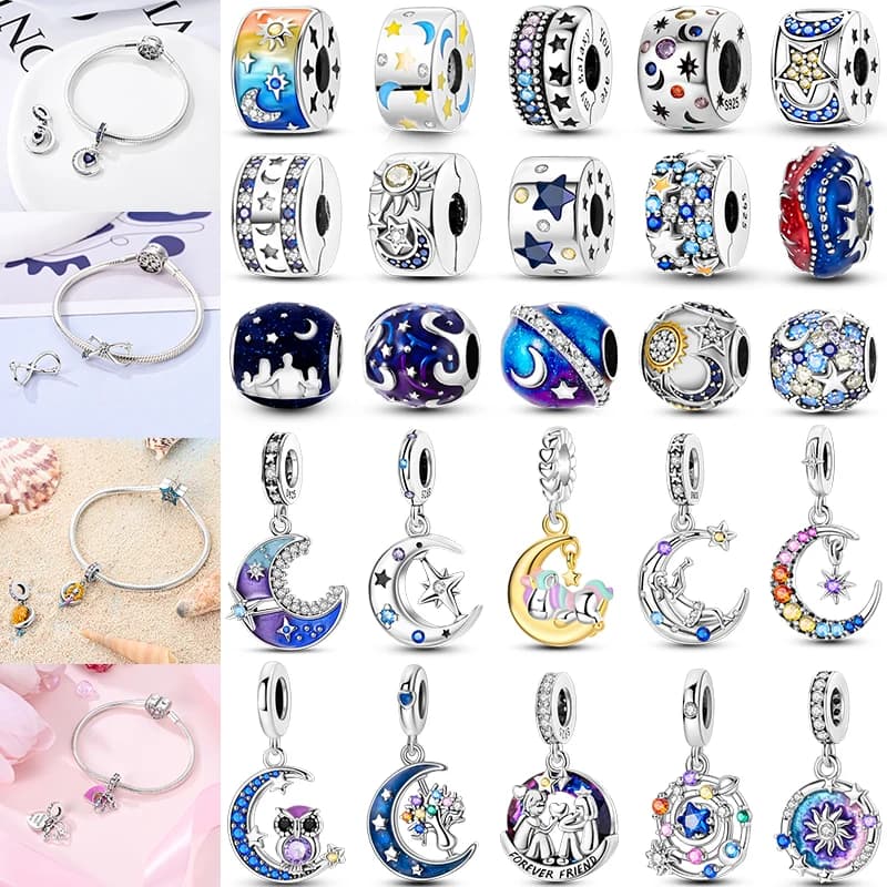 2025 Hot Sale Charms Bead 925 Sterling Silver Starlit Sky Moon Sun Earth Universe Charm Fit Bangle Bracelet Necklace DIY Jewelry