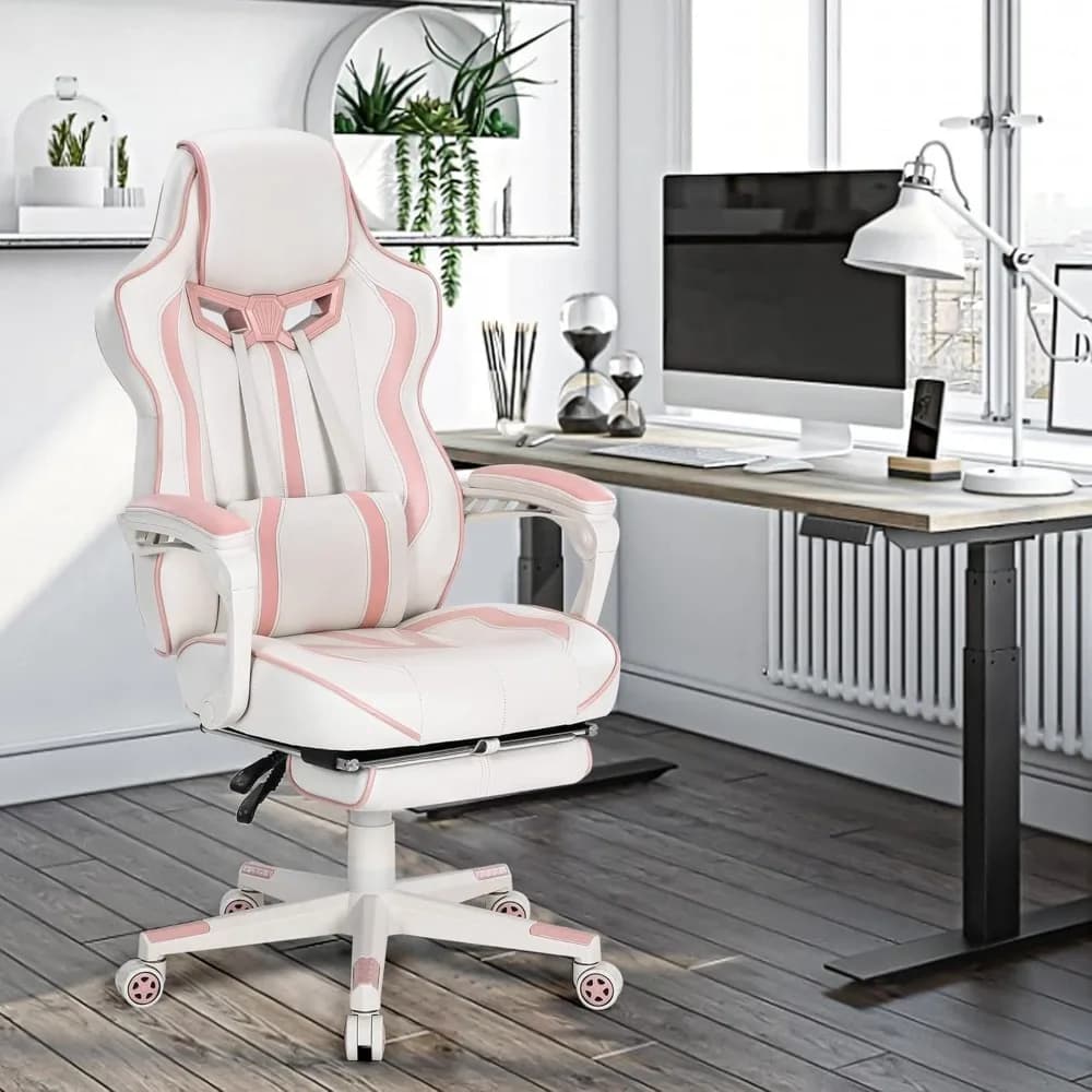 Pink Reclining Gaming Chair for Girls & Adults, Built-in Massage and Retractable Footrest, Ergonomic Computer Chair, Customized