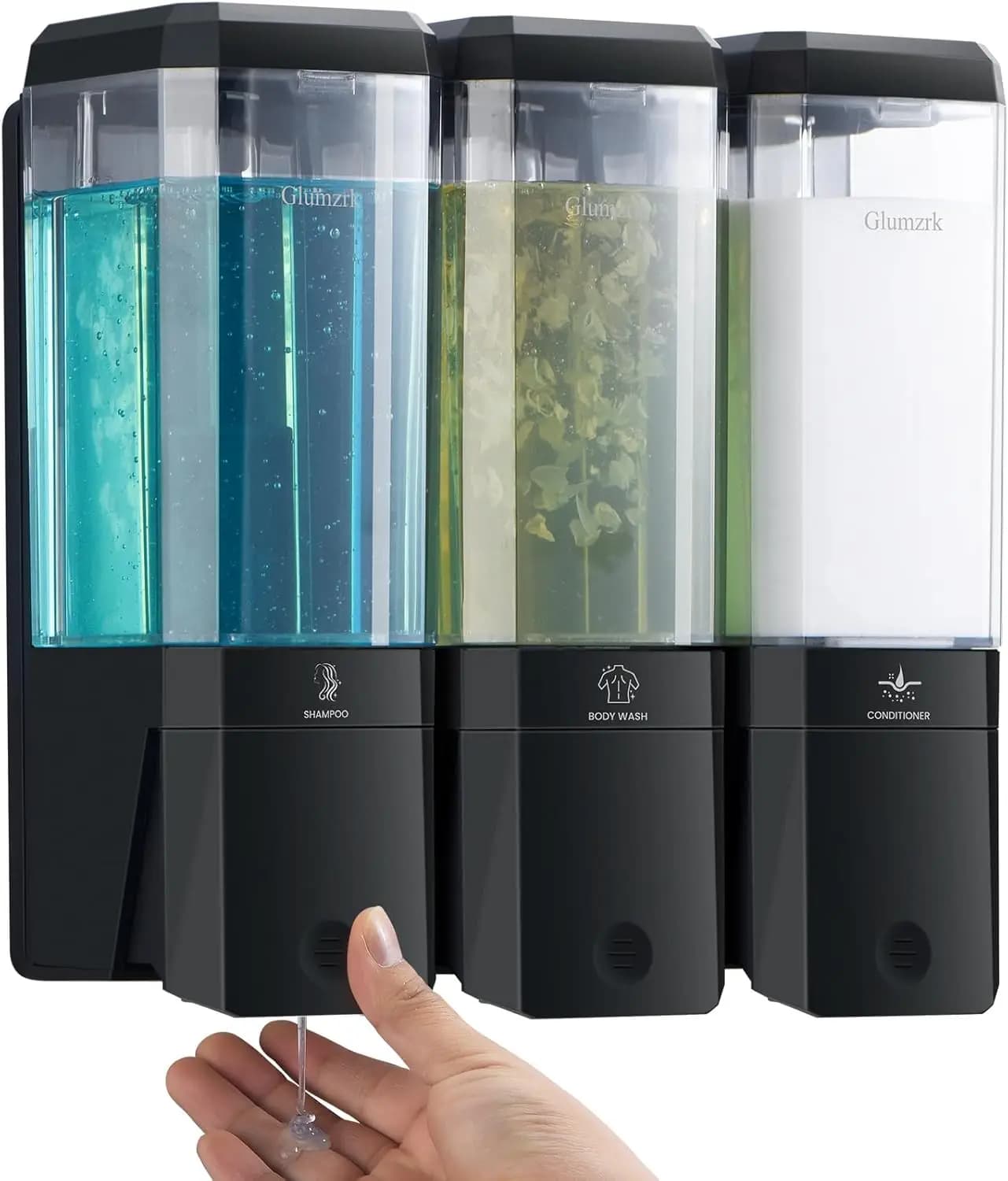 Dispenser di Shampoo a 3 Scomparti Senza Foratura, Montaggio a Parete per Doccia, Bagno, Hotel, Nero, 500ml, Ricaricabile