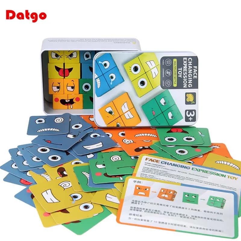 Bambini Face Change Expression Puzzle Building Blocks Cubo Montessori Gioco da tavolo Giocattolo Giocattoli educativi in legno per bambini
