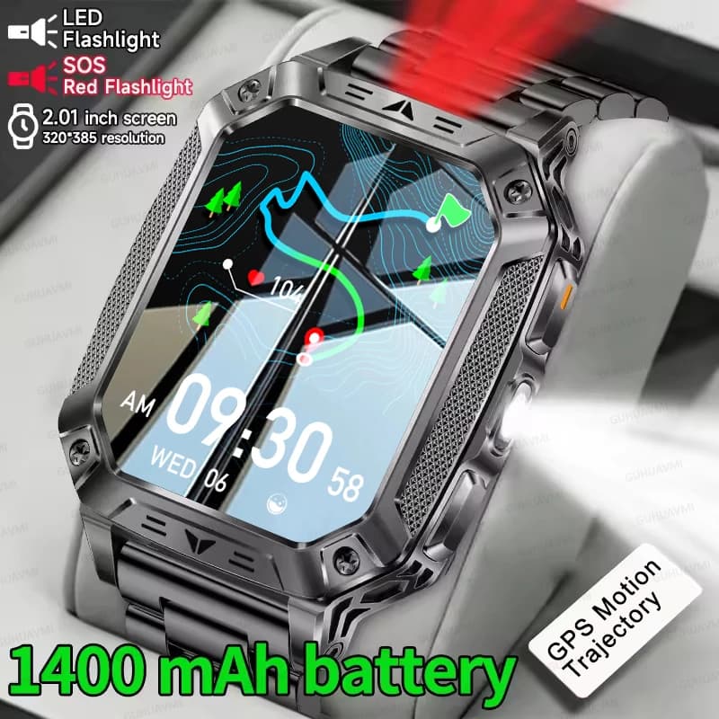 Orologio Smart Sportivo GPS da Uomo 2026 per Esterni, Durevole, con Batteria da 1400mAh, Torcia LED, Impermeabile, Chiamate Bluetooth, Stile Militare
