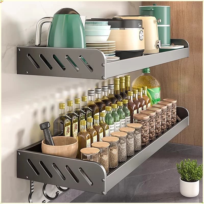 Widened Punch-Free Wall Mount Kitchen Rack, Multifunctional Hanging Organizer for Seasonings, Cutting Boards & Spatulas