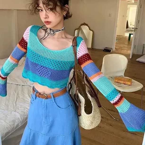Knit pullover with flared sleeves Women's Top Short Striped Rainbow Y2K Knit sweater loosened with sun protection All-Match