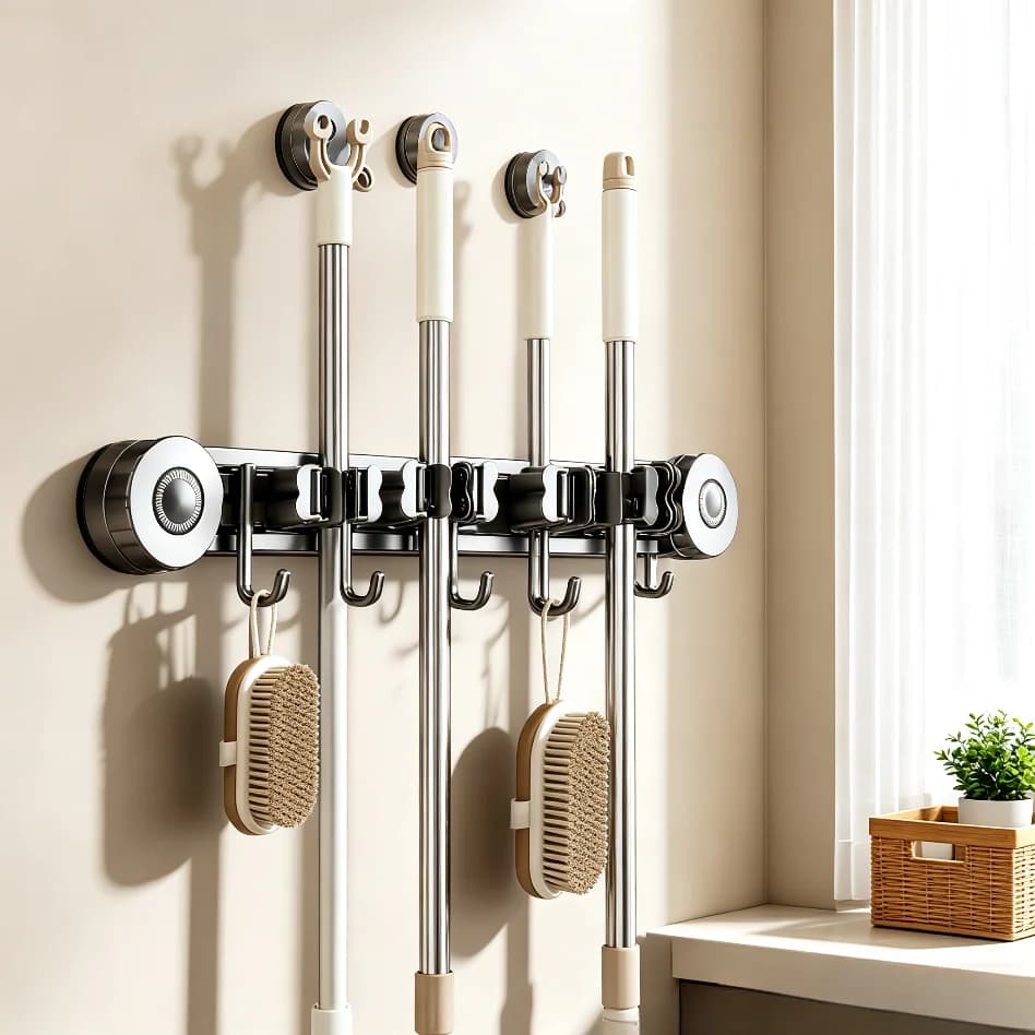 Washroom Household Storage Hook Suction Cup Wall Mount No Drill Mop & Broom Holder