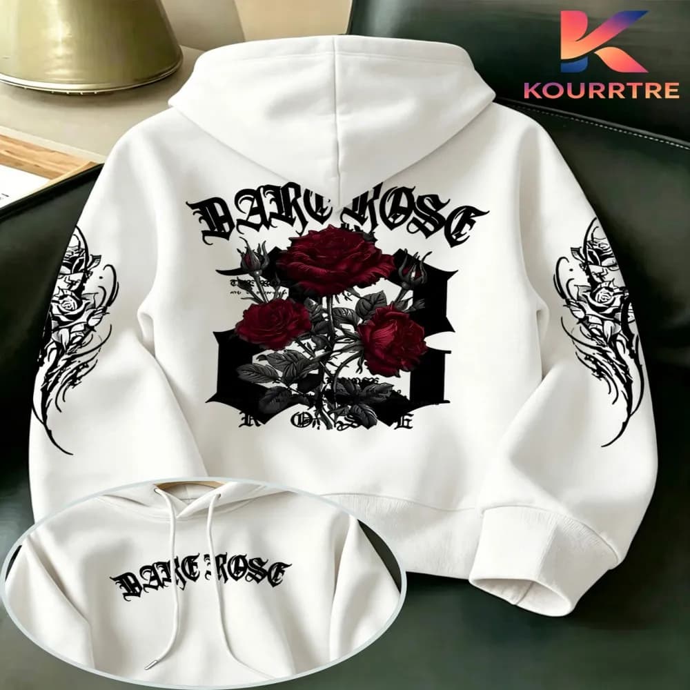 Men's dark red rose gothic letter hoodie, adorned with a retro thorn rose print, a trendy streetwear piece for autumn and winter