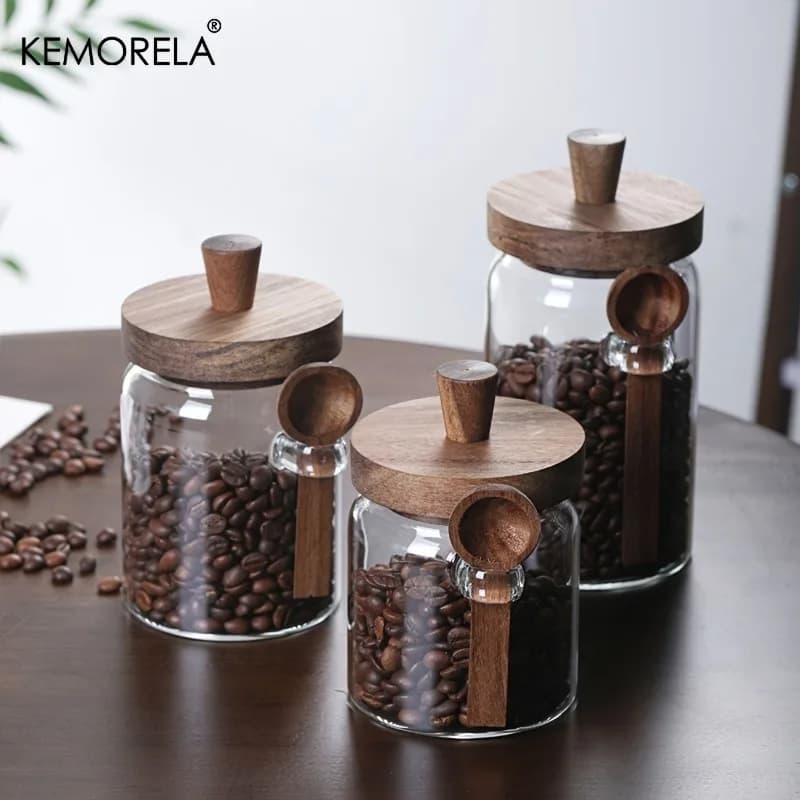 KEMORELA Set di 1/3 barattoli di vetro ermetici con coperchi e cucchiai Contenitori trasparenti per alimenti piccoli per riporre caramelle, spezie, cucina