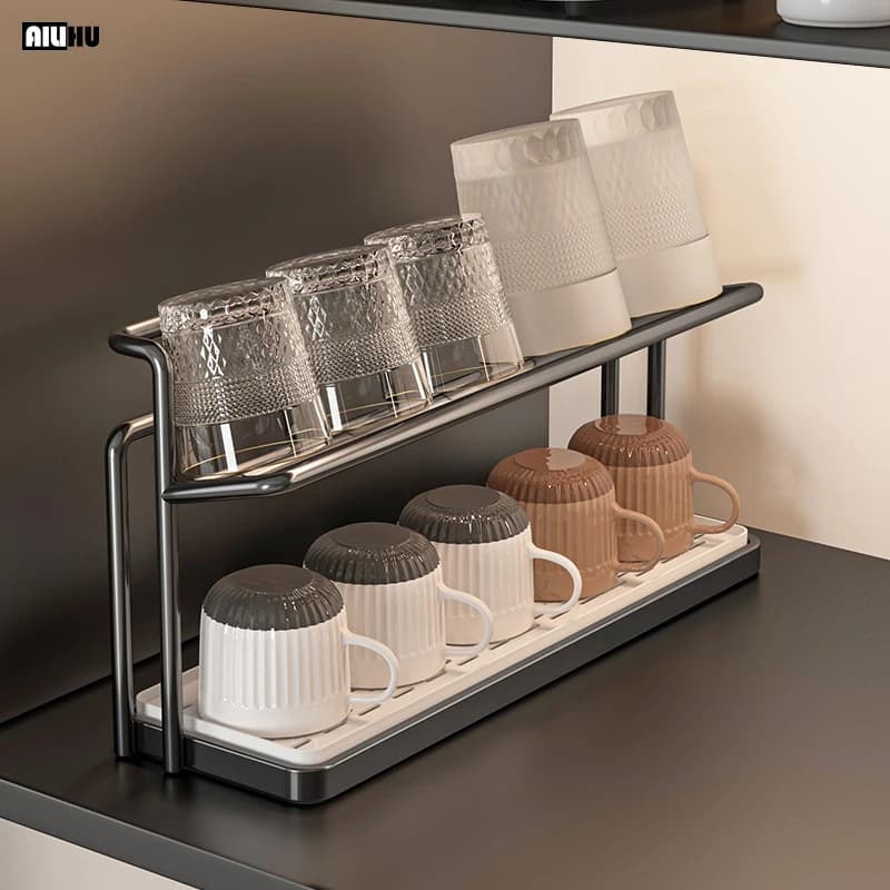 2 Tier Kitchen Cup Drying Rack Drain Shelf Mug Holder Countertop Coffee Cup Organizer Glass Storage Rack Kitchen Accessories