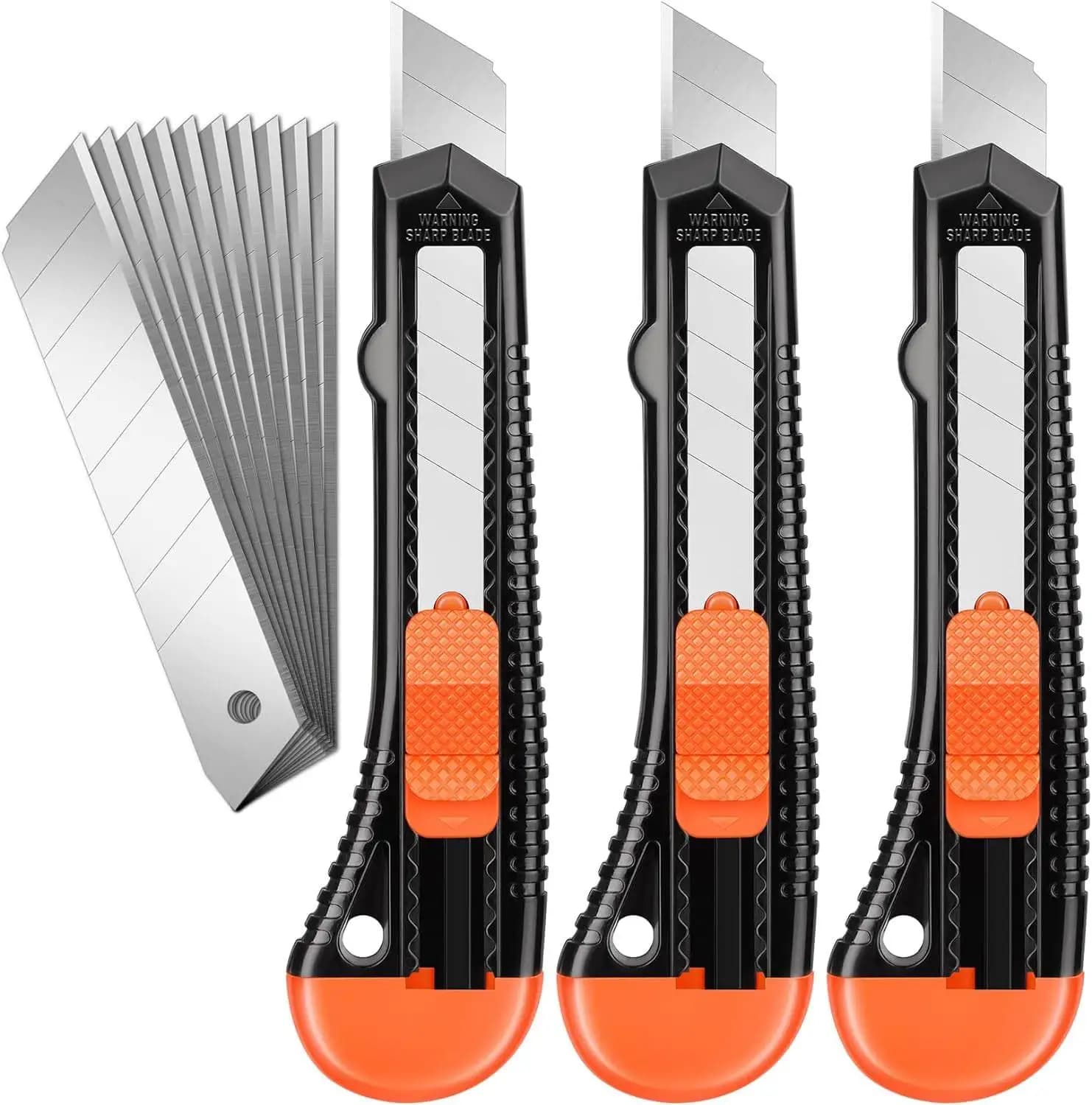 Pack of 3 multipurpose folding knives, compact box knife for cartons, cardboard and boxes, with 10 pieces 18 mm wide