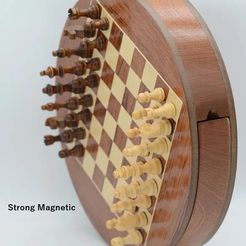 Round Solid Wood Magnetic Chess Game Set with Rotating Drawer & Portable Storage for Travel Home