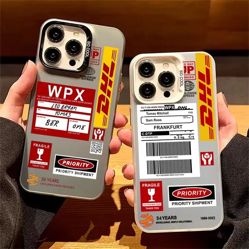 Custodia per telefono per Apple iPhone 17 Air 16E 15 14 Plus 13 12 11 Pro Max Mini, Cover Funda con Etichetta Barcode Trend D-DHL